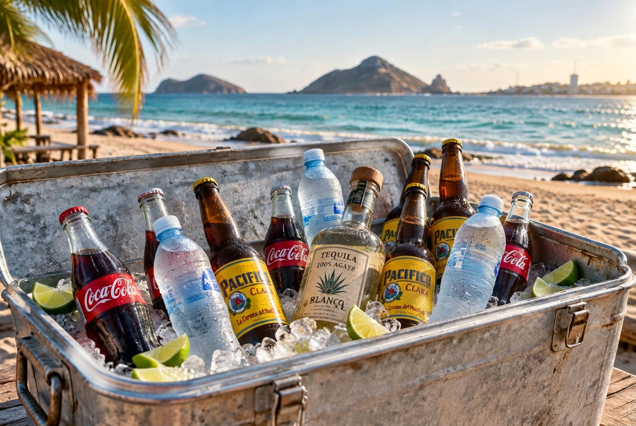 Cooler filled with bottled water, iced Coca-Cola, Pacifico beer, and local tequila on a Mazatlán beach
